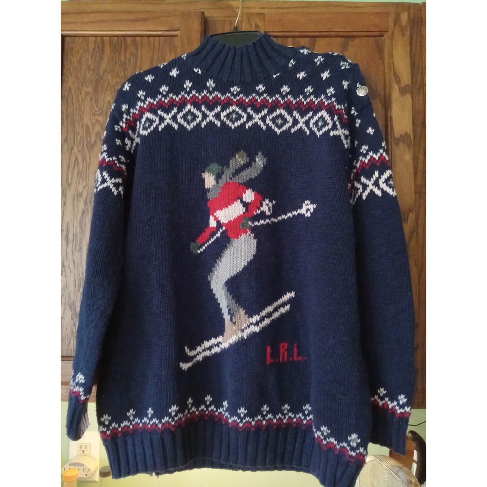 vintage Lauren Ralph Lauren Skier Sweater Navy Blue Linen Blend Hand Knit  L